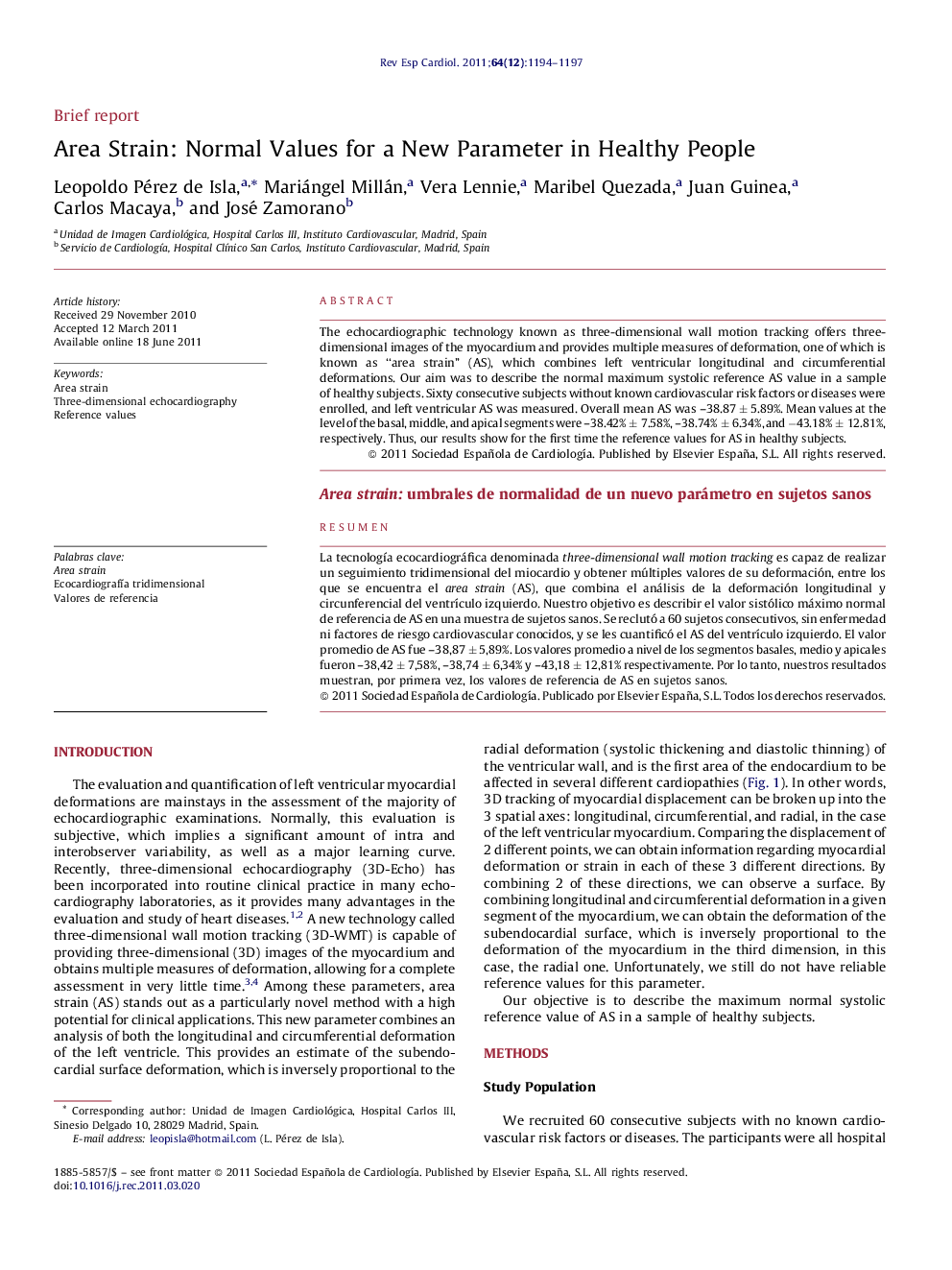 Area Strain: Normal Values for a New Parameter in Healthy People