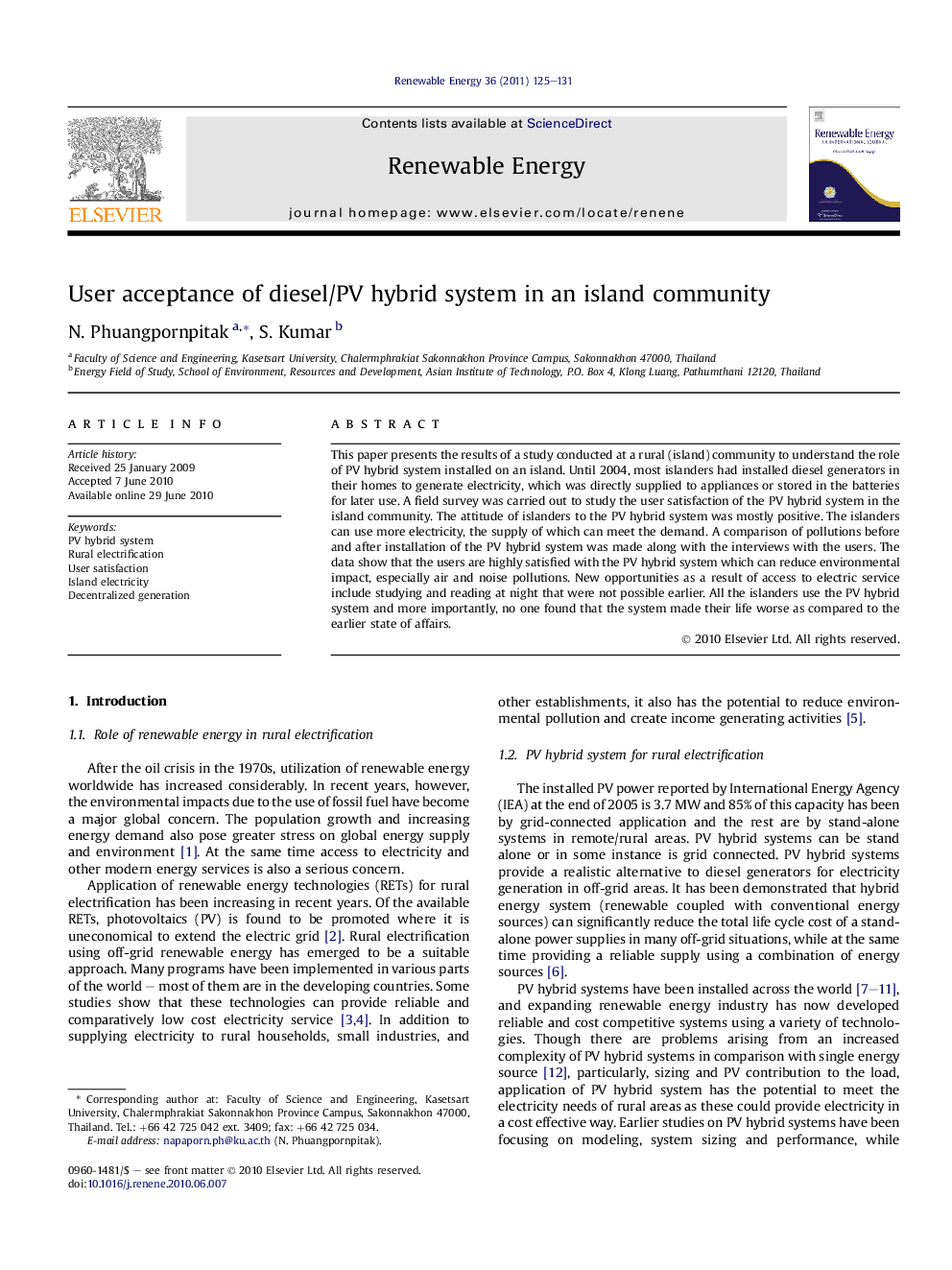 User acceptance of diesel/PV hybrid system in an island community