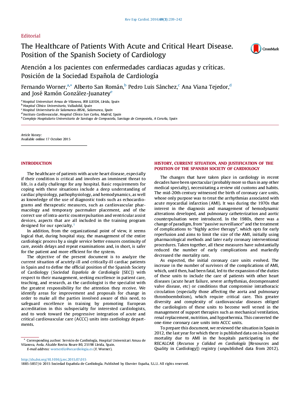 The Healthcare of Patients With Acute and Critical Heart Disease. Position of the Spanish Society of Cardiology