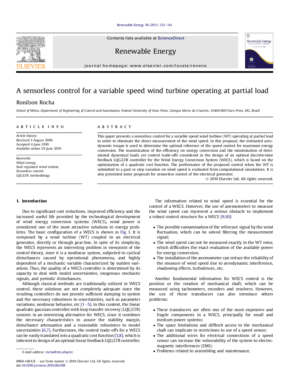 A sensorless control for a variable speed wind turbine operating at partial load