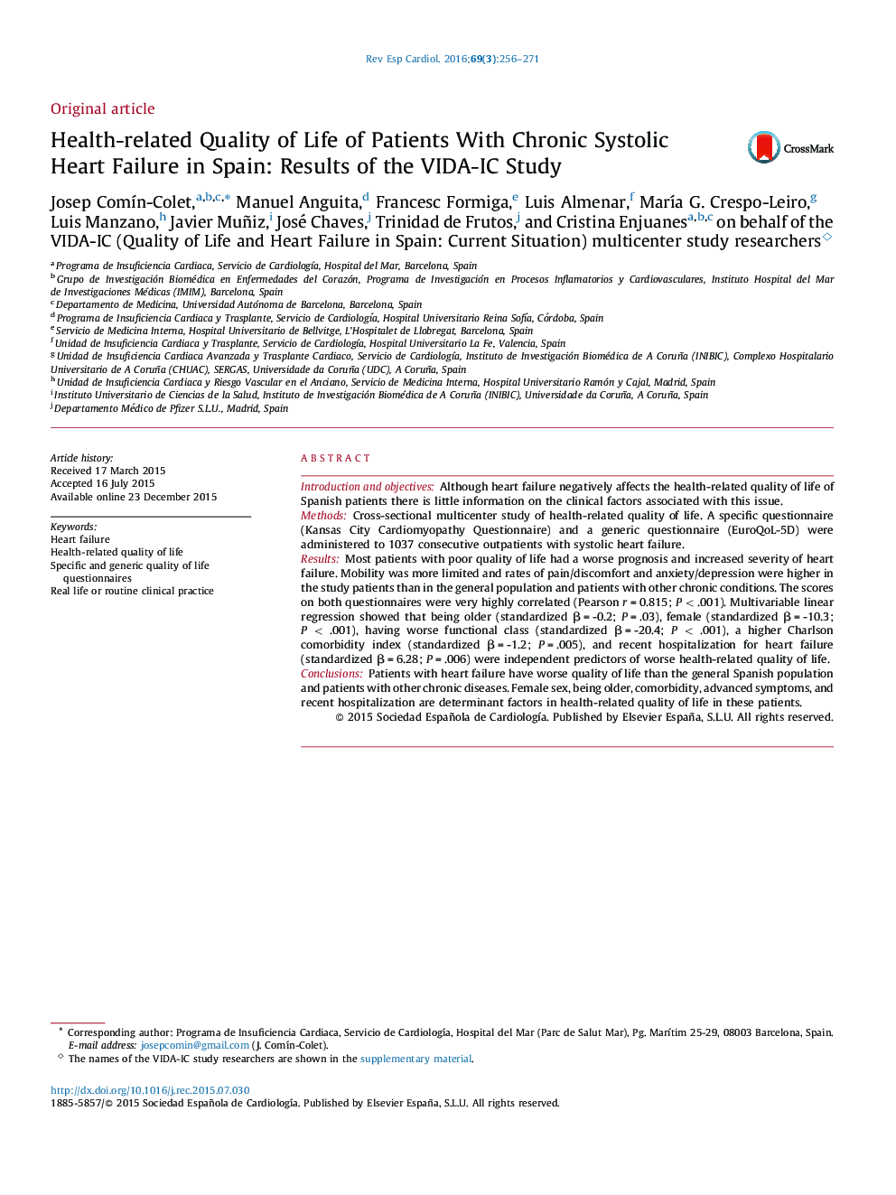 Health-related Quality of Life of Patients With Chronic Systolic Heart Failure in Spain: Results of the VIDA-IC Study