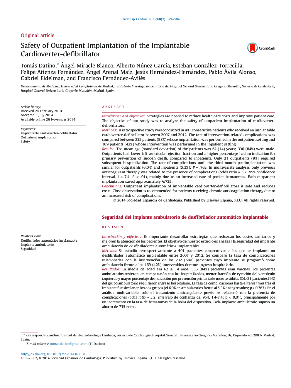 Safety of Outpatient Implantation of the Implantable Cardioverter-defibrillator