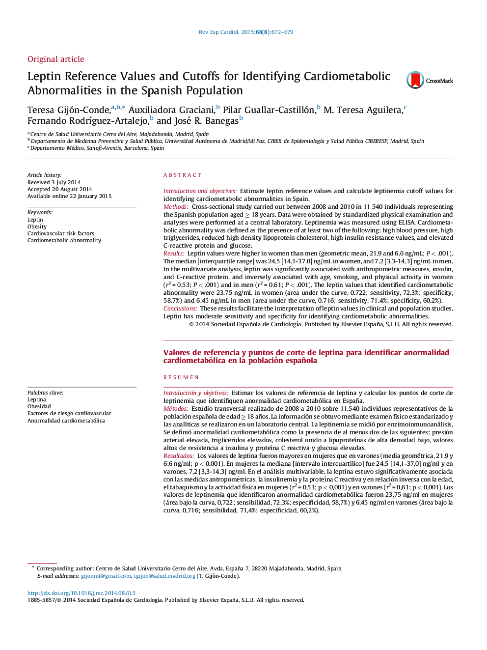 Leptin Reference Values and Cutoffs for Identifying Cardiometabolic Abnormalities in the Spanish Population