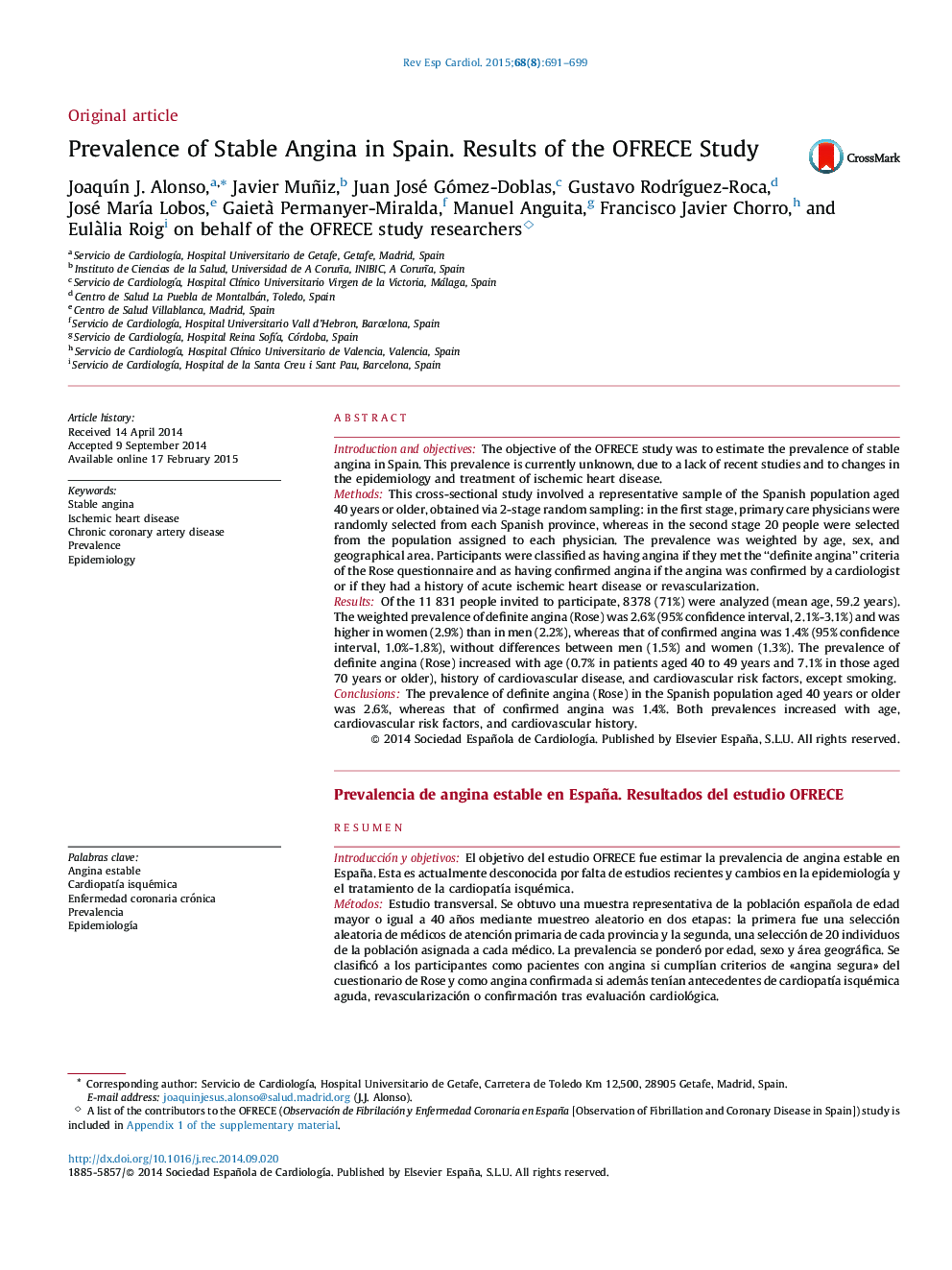 Prevalence of Stable Angina in Spain. Results of the OFRECE Study