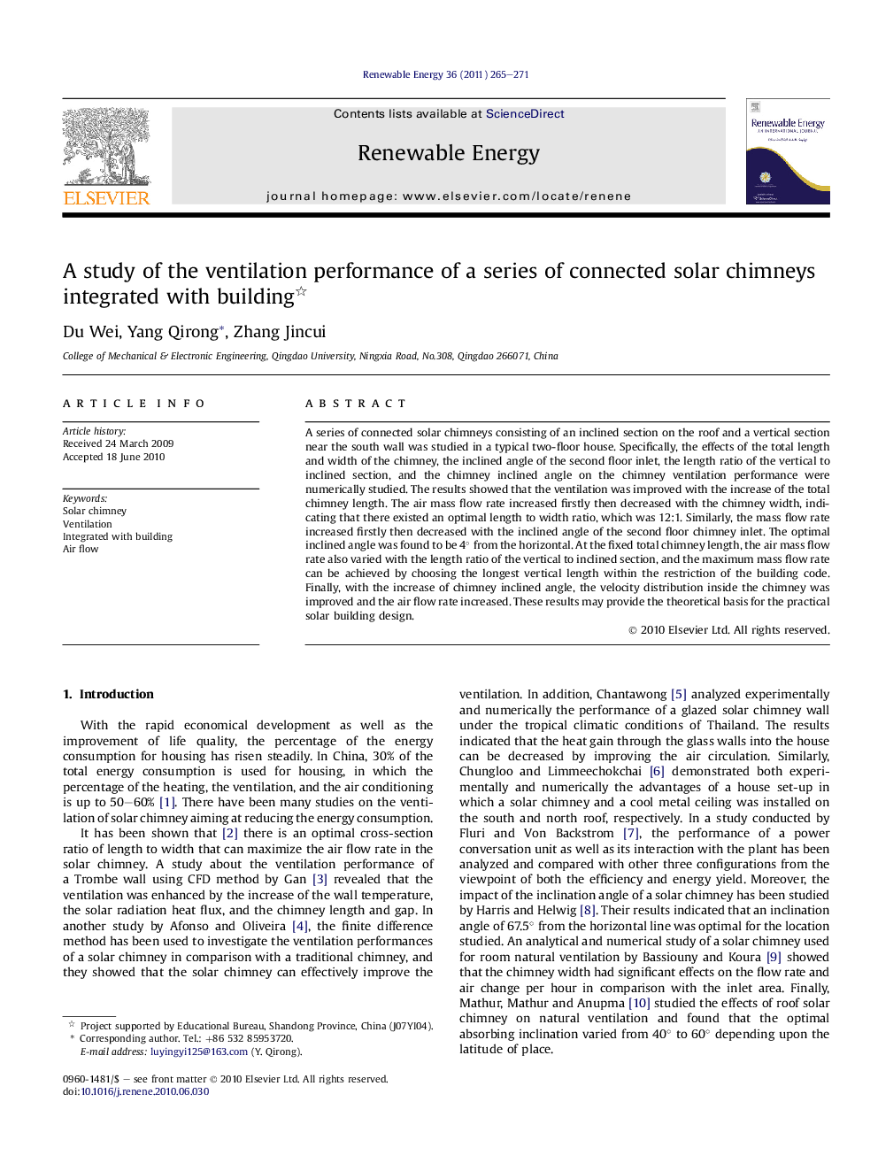 A study of the ventilation performance of a series of connected solar chimneys integrated with building 