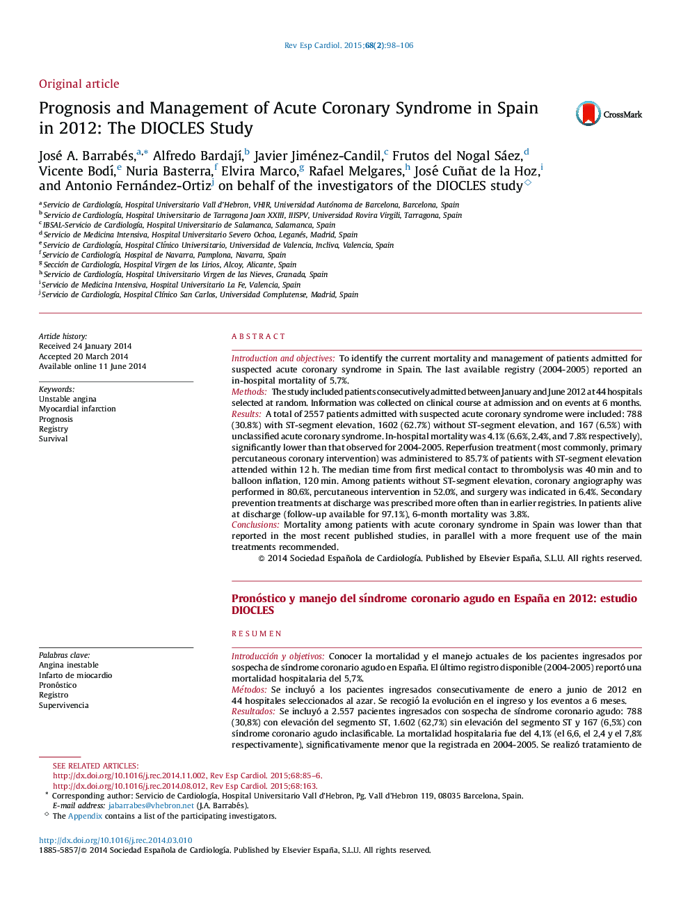 Prognosis and Management of Acute Coronary Syndrome in Spain in 2012: The DIOCLES Study