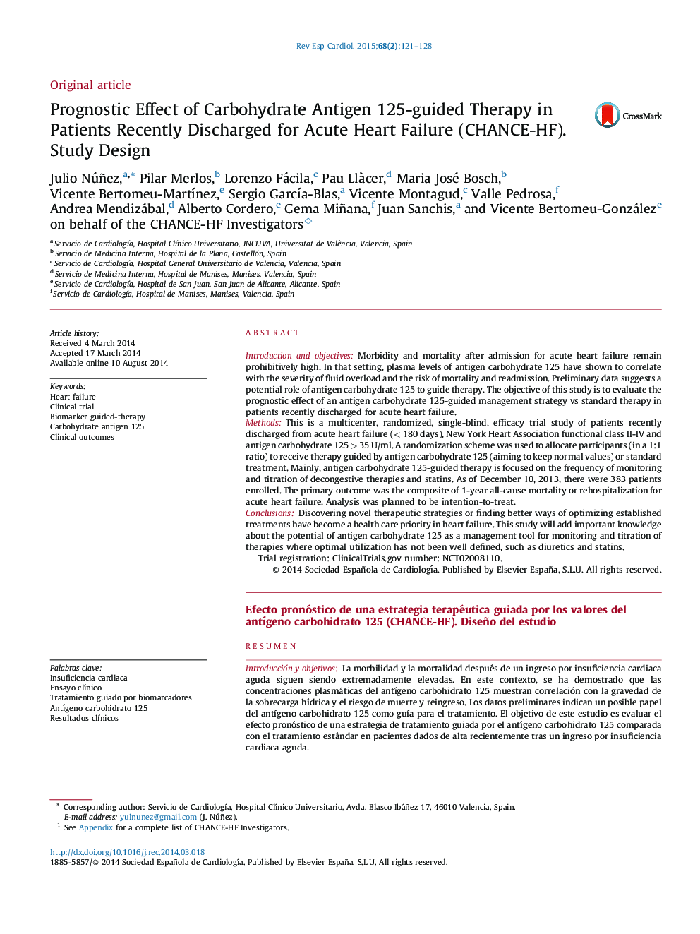 Prognostic Effect of Carbohydrate Antigen 125-guided Therapy in Patients Recently Discharged for Acute Heart Failure (CHANCE-HF). Study Design