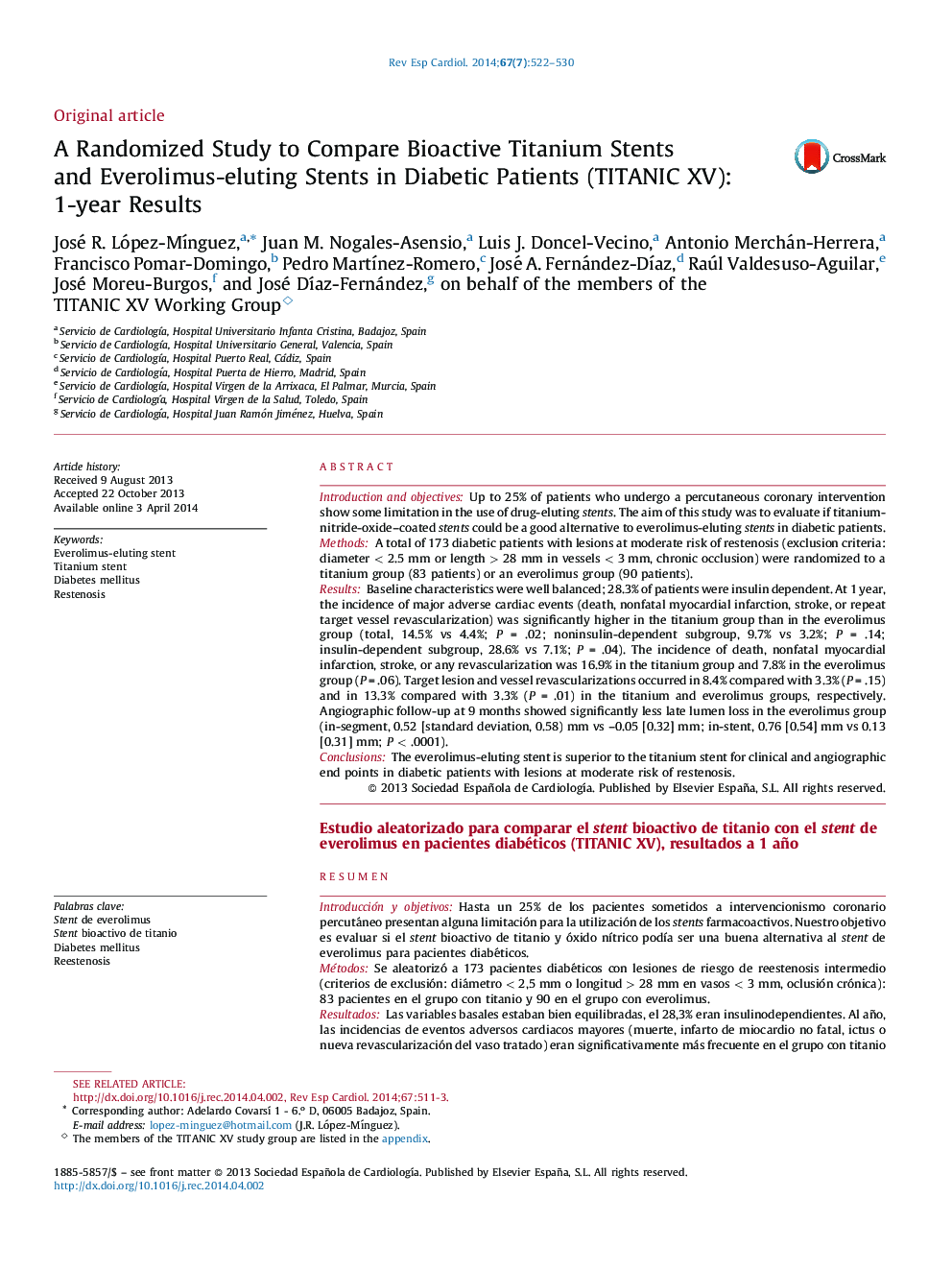 A Randomized Study to Compare Bioactive Titanium Stents and Everolimus-eluting Stents in Diabetic Patients (TITANIC XV): 1-year Results