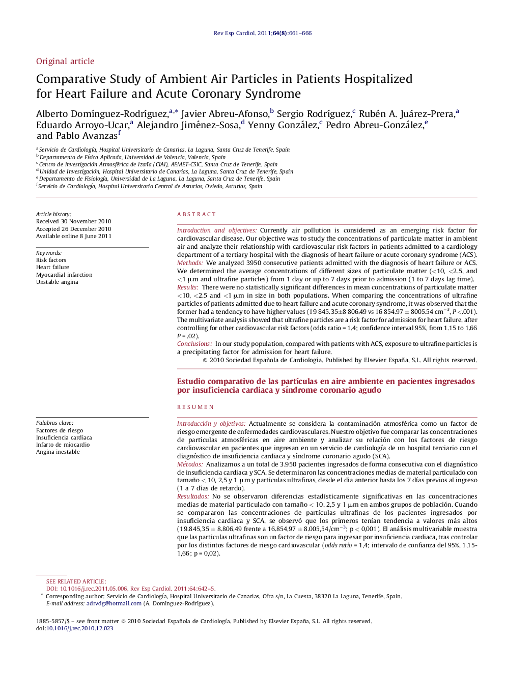 Comparative Study of Ambient Air Particles in Patients Hospitalized for Heart Failure and Acute Coronary Syndrome