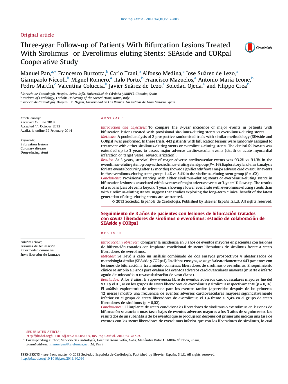 Three-year Follow-up of Patients With Bifurcation Lesions Treated With Sirolimus- or Everolimus-eluting Stents: SEAside and CORpal Cooperative Study