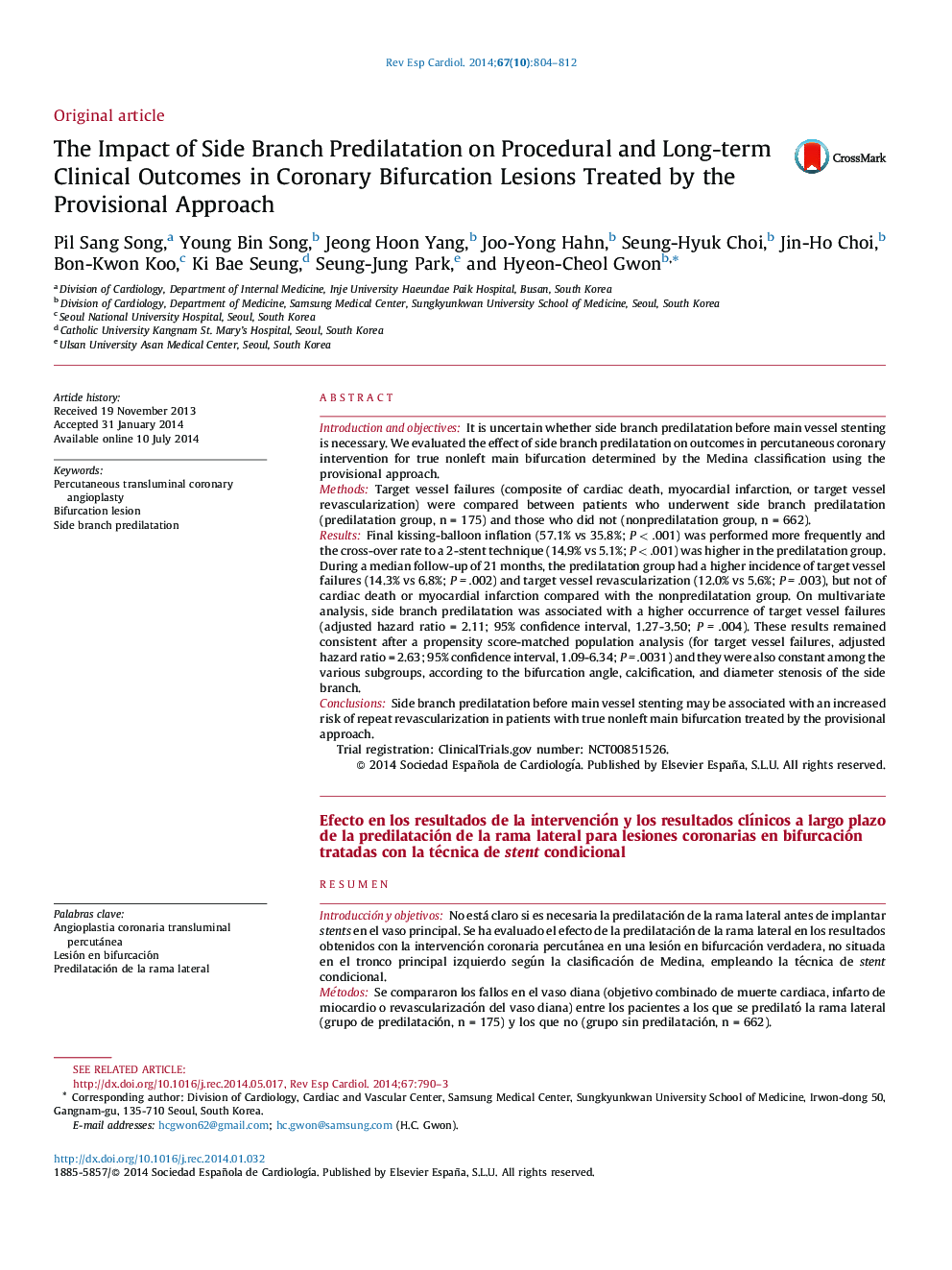 The Impact of Side Branch Predilatation on Procedural and Long-term Clinical Outcomes in Coronary Bifurcation Lesions Treated by the Provisional Approach