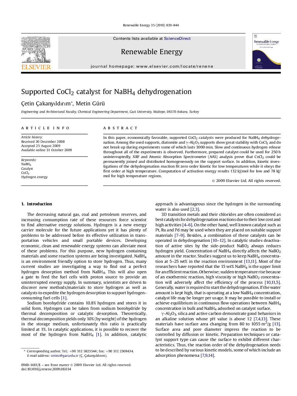 Supported CoCl2 catalyst for NaBH4 dehydrogenation