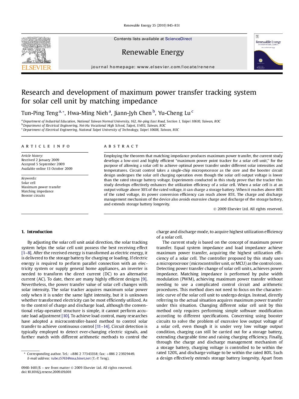 Research and development of maximum power transfer tracking system for solar cell unit by matching impedance