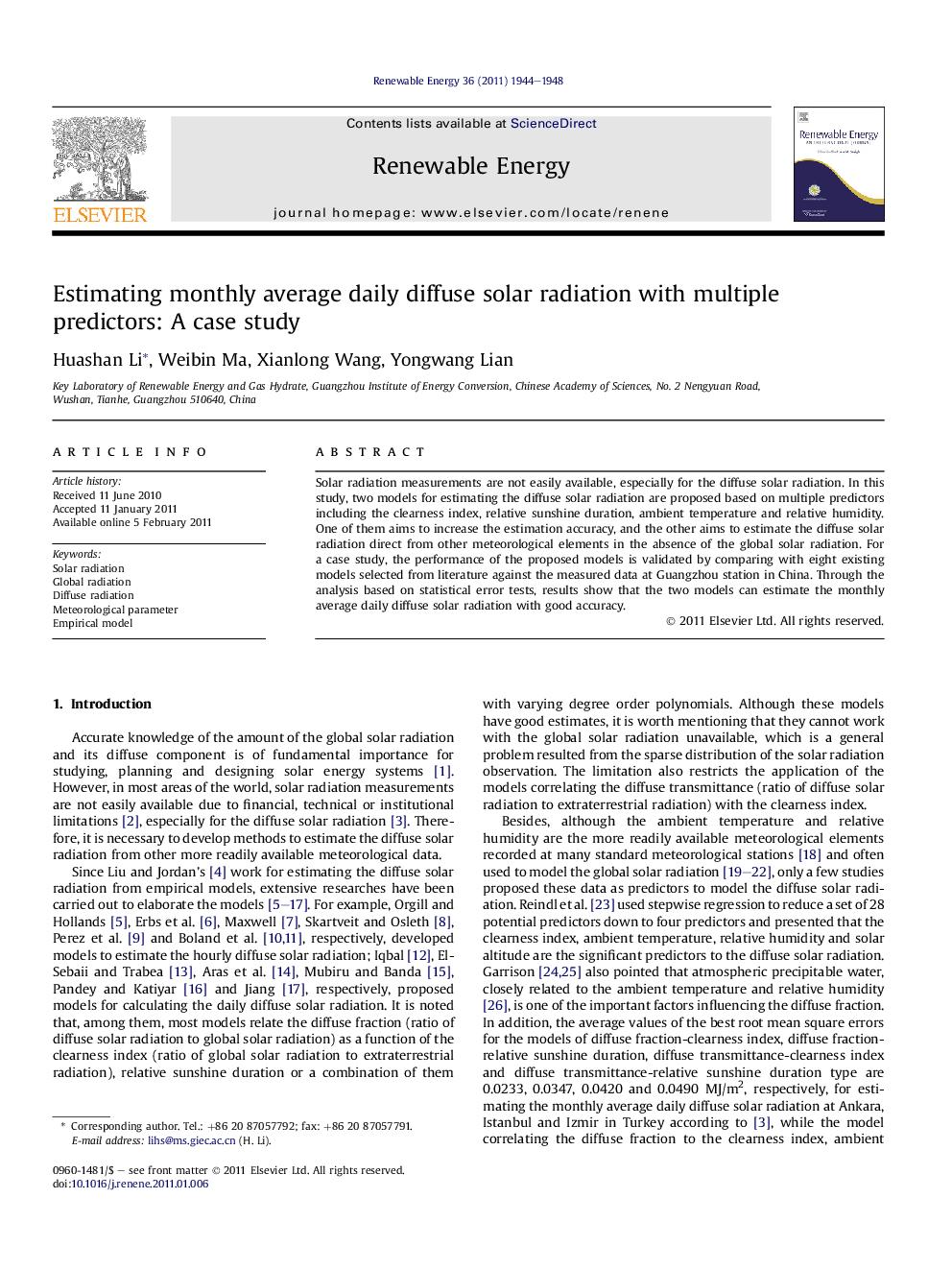 Estimating monthly average daily diffuse solar radiation with multiple predictors: A case study