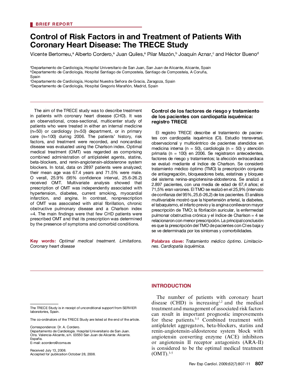 Control of Risk Factors in and Treatment of Patients With Coronary Heart Disease: The TRECE Study