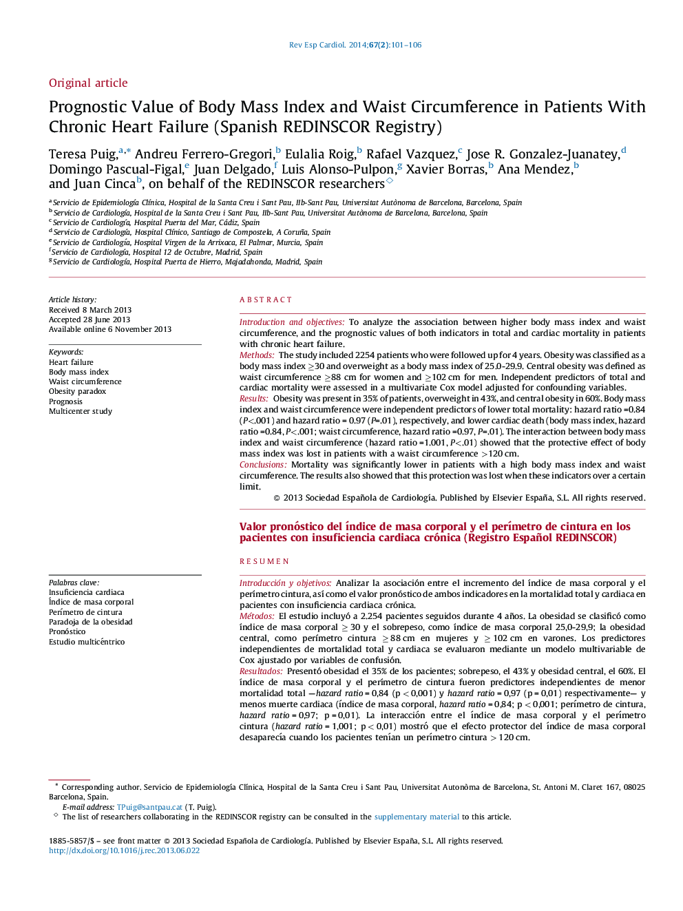 Prognostic Value of Body Mass Index and Waist Circumference in Patients With Chronic Heart Failure (Spanish REDINSCOR Registry)