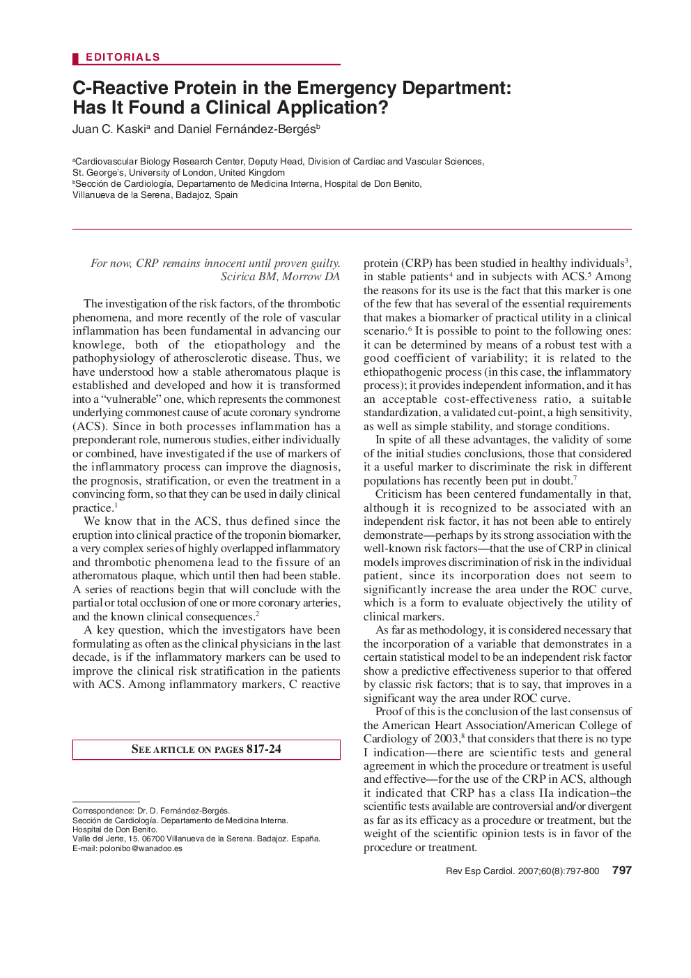 C-Reactive Protein in the Emergency Department: Has It Found a Clinical Application?