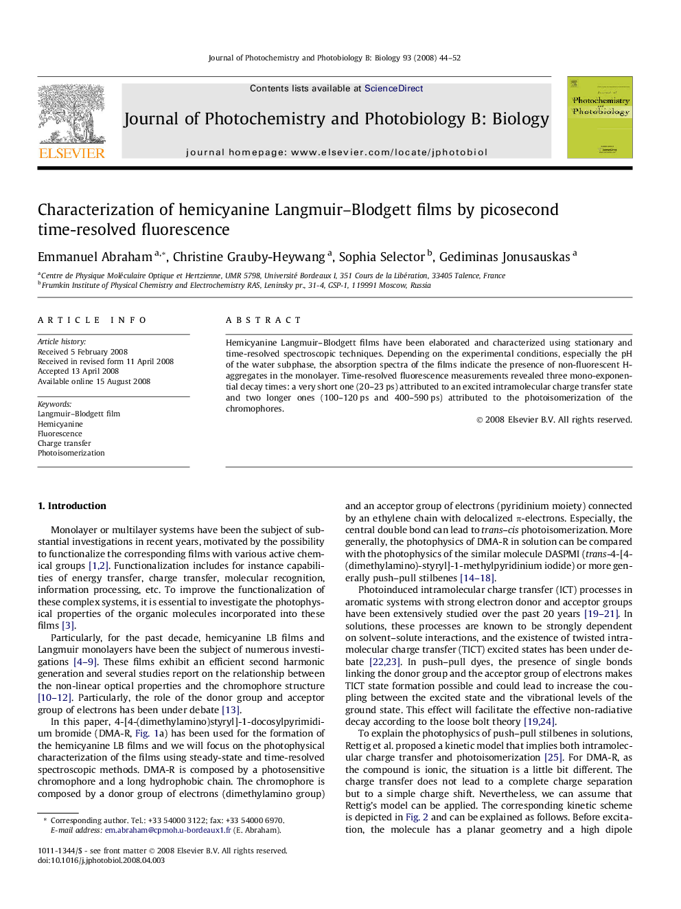 Characterization of hemicyanine Langmuir–Blodgett films by picosecond time-resolved fluorescence