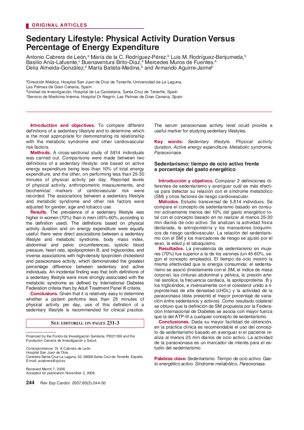 Sedentary Lifestyle: Physical Activity Duration Versus Percentage of Energy Expenditure 