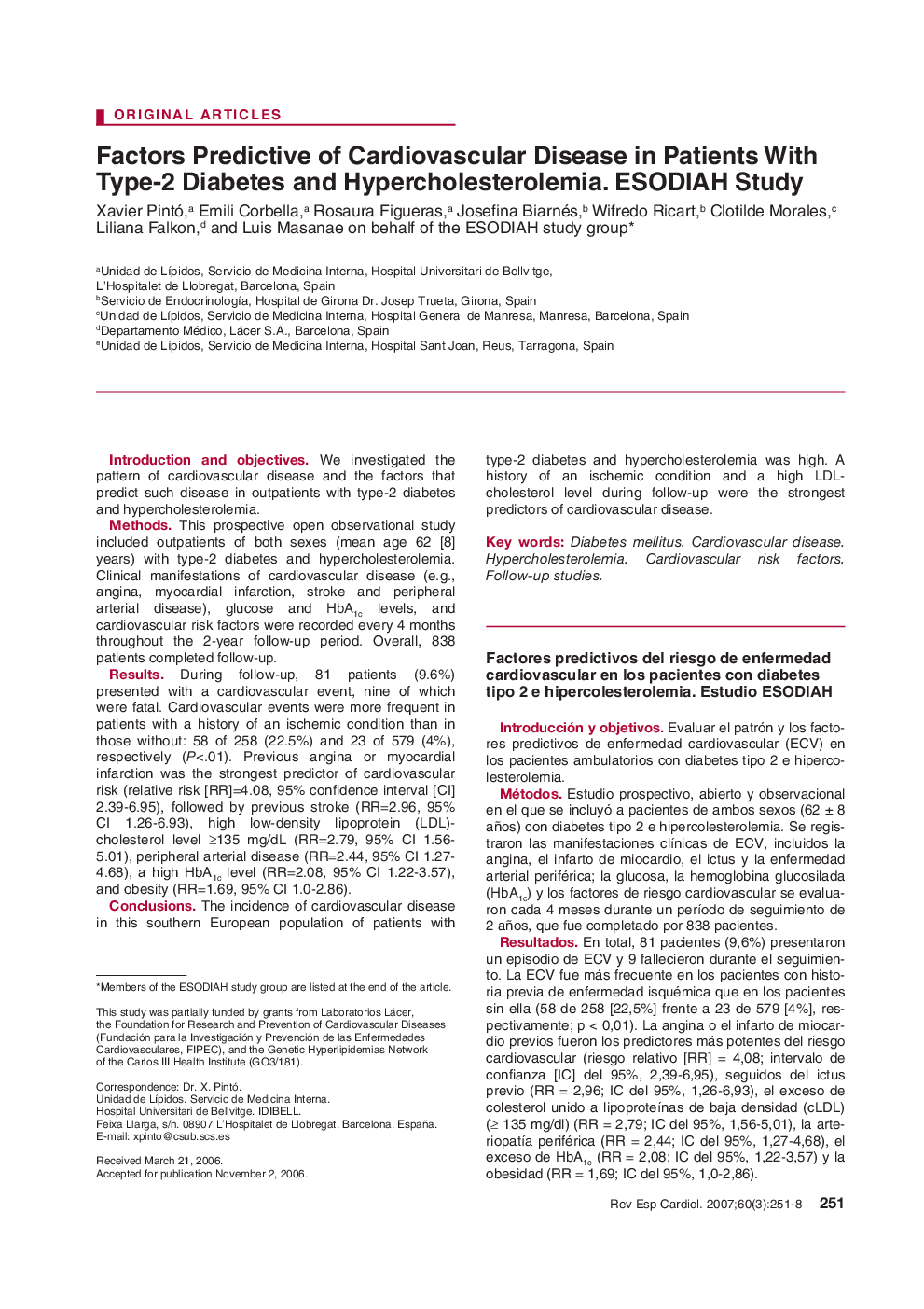 Factors Predictive of Cardiovascular Disease in Patients With Type-2 Diabetes and Hypercholesterolemia. ESODIAH Study 