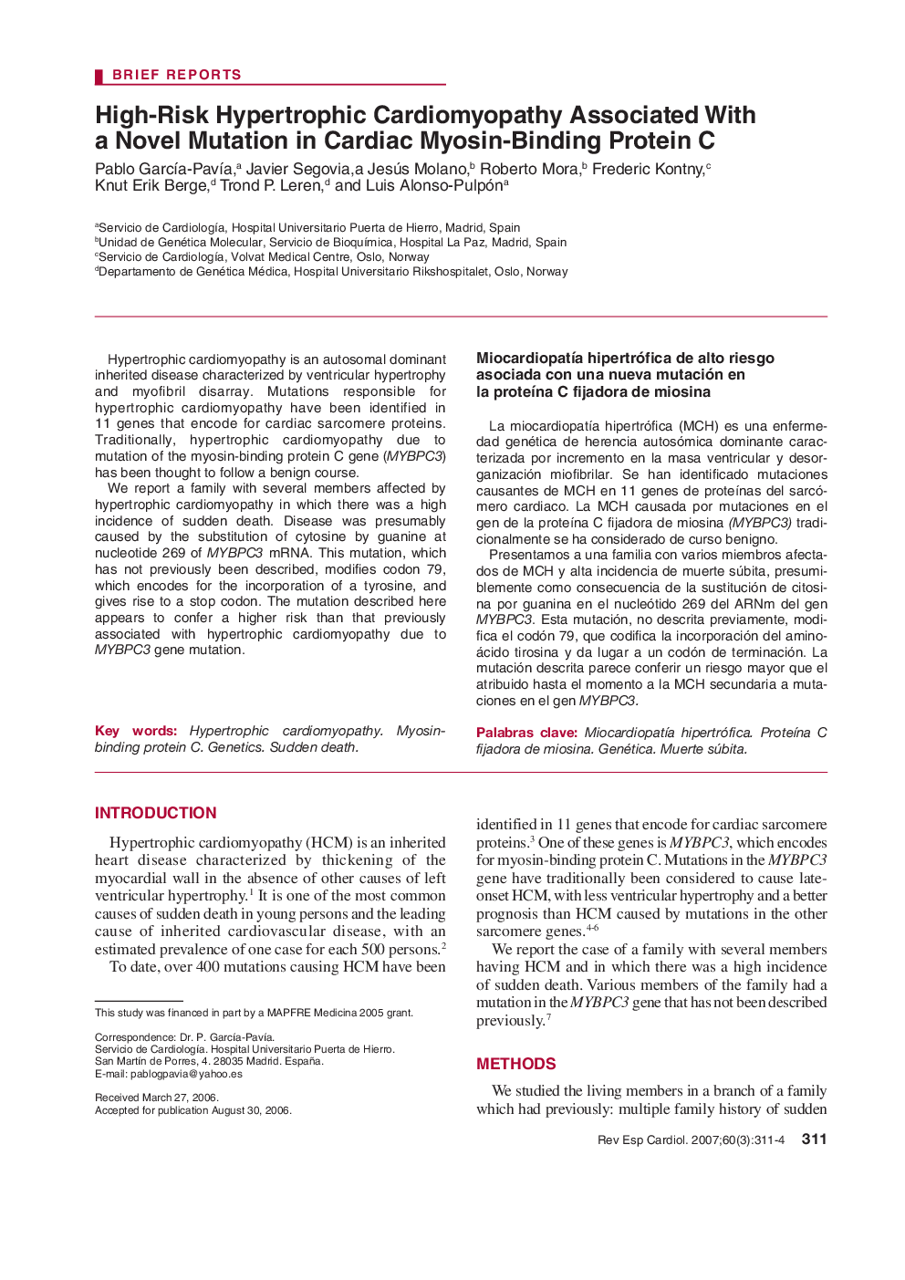 High-Risk Hypertrophic Cardiomyopathy Associated With a Novel Mutation in Cardiac Myosin-Binding Protein C 