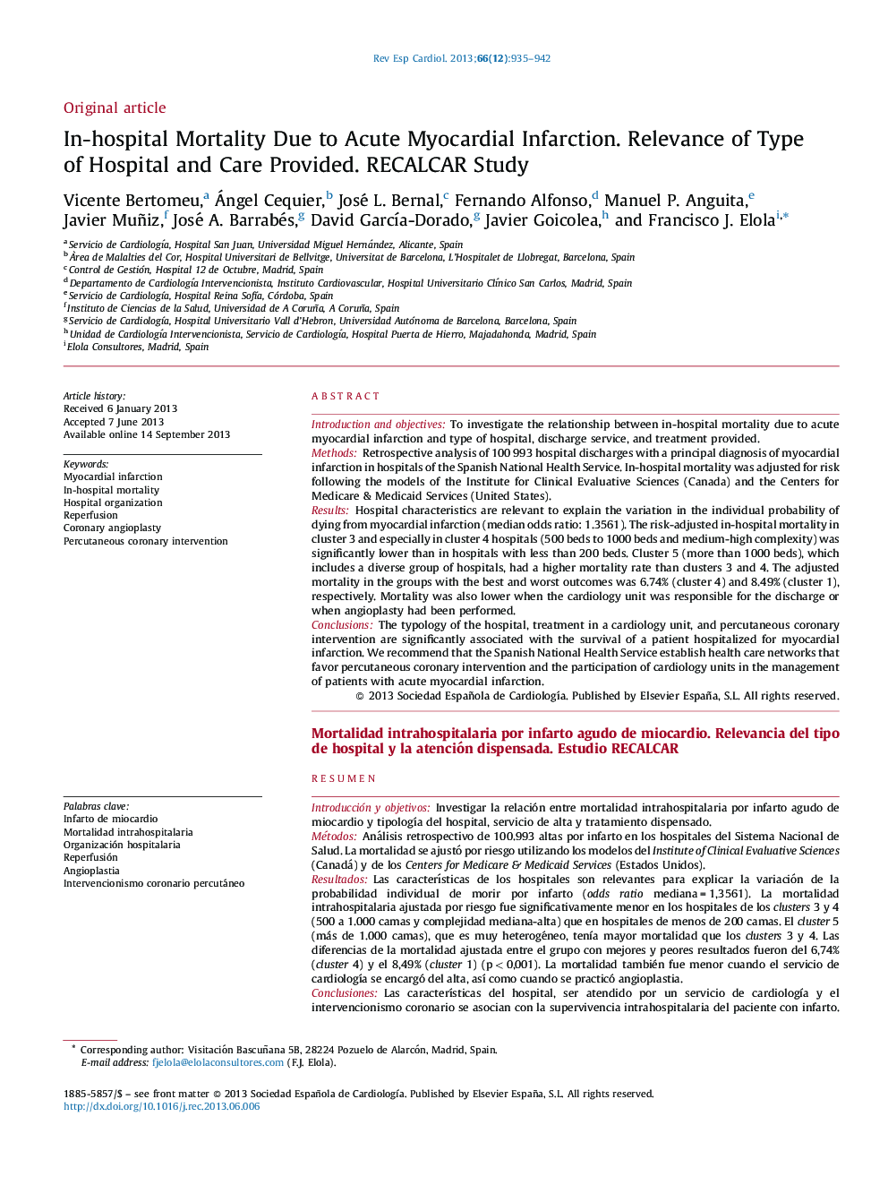 In-hospital Mortality Due to Acute Myocardial Infarction. Relevance of Type of Hospital and Care Provided. RECALCAR Study