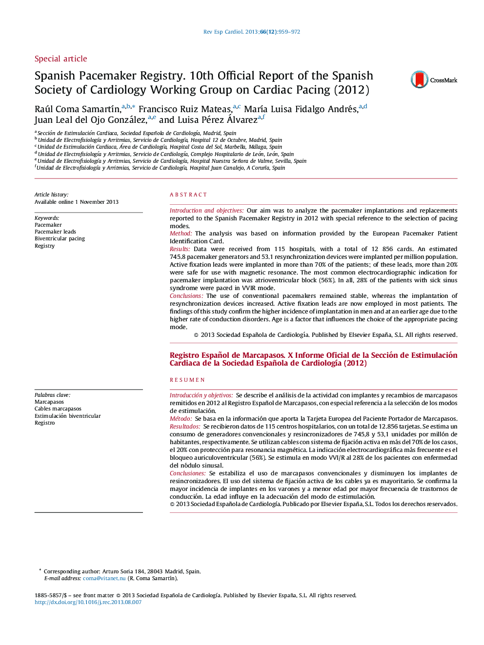 Spanish Pacemaker Registry. 10th Official Report of the Spanish Society of Cardiology Working Group on Cardiac Pacing (2012)