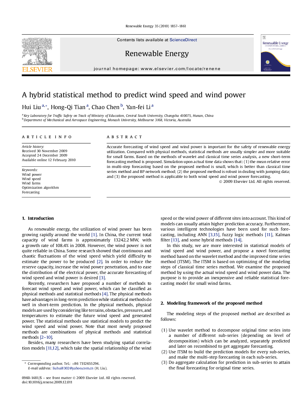 A hybrid statistical method to predict wind speed and wind power