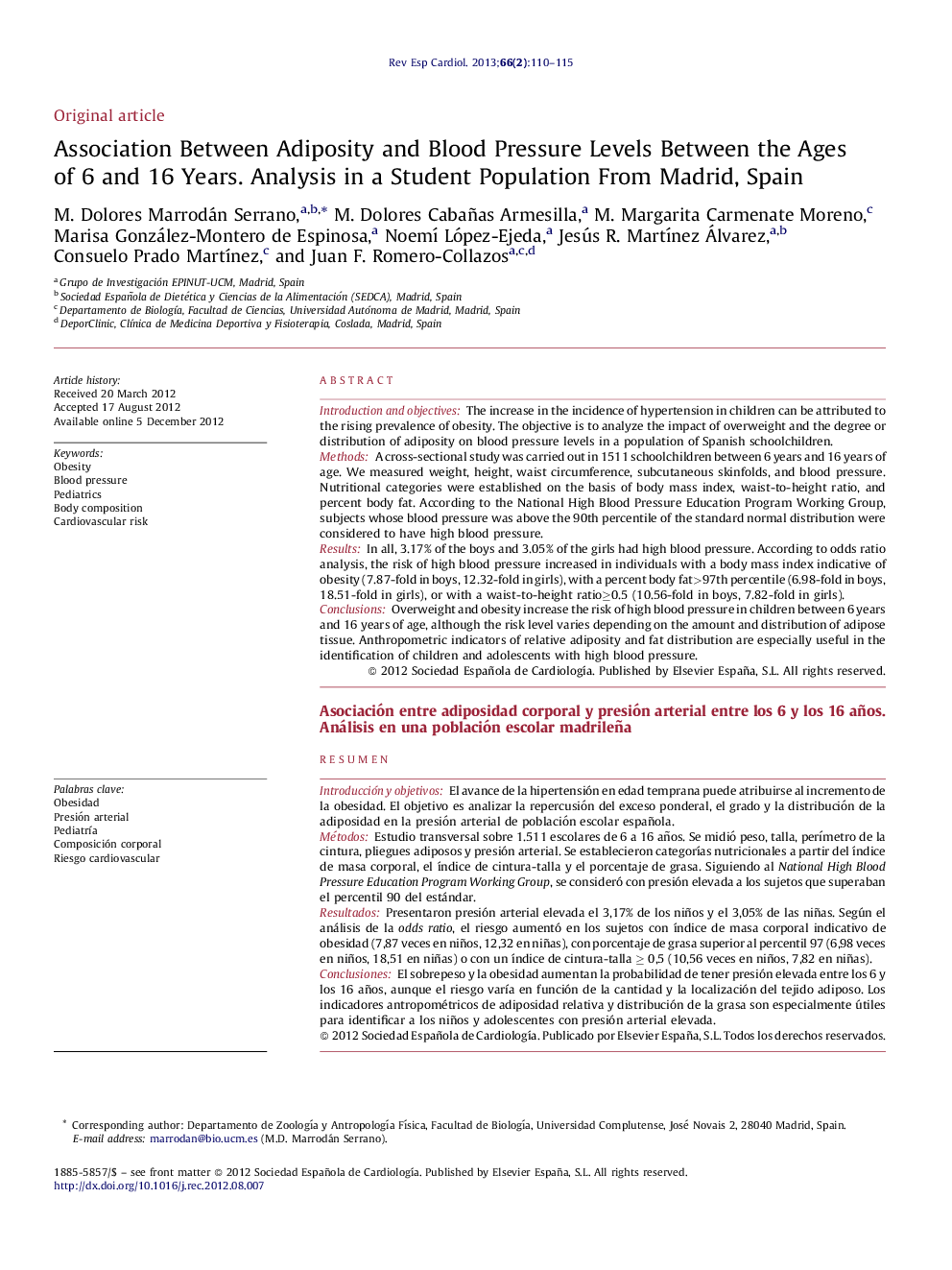 Association Between Adiposity and Blood Pressure Levels Between the Ages of 6 and 16 Years. Analysis in a Student Population From Madrid, Spain