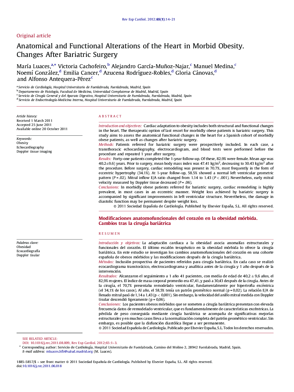 Anatomical and Functional Alterations of the Heart in Morbid Obesity. Changes After Bariatric Surgery