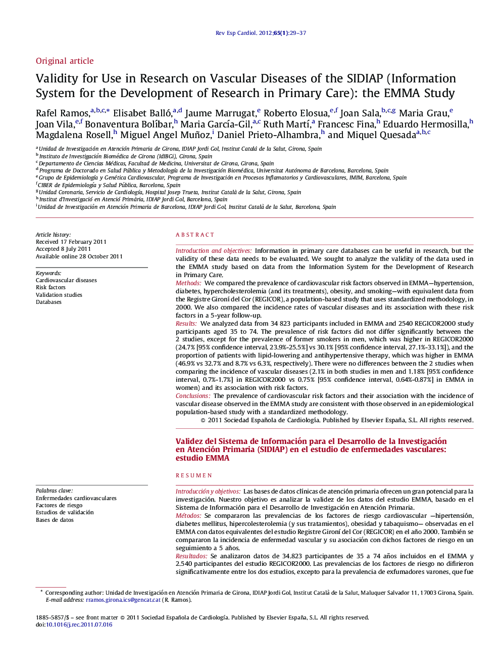 Validity for Use in Research on Vascular Diseases of the SIDIAP (Information System for the Development of Research in Primary Care): the EMMA Study