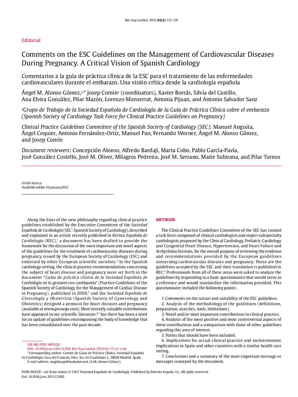 Comments on the ESC Guidelines on the Management of Cardiovascular Diseases During Pregnancy. A Critical Vision of Spanish Cardiology