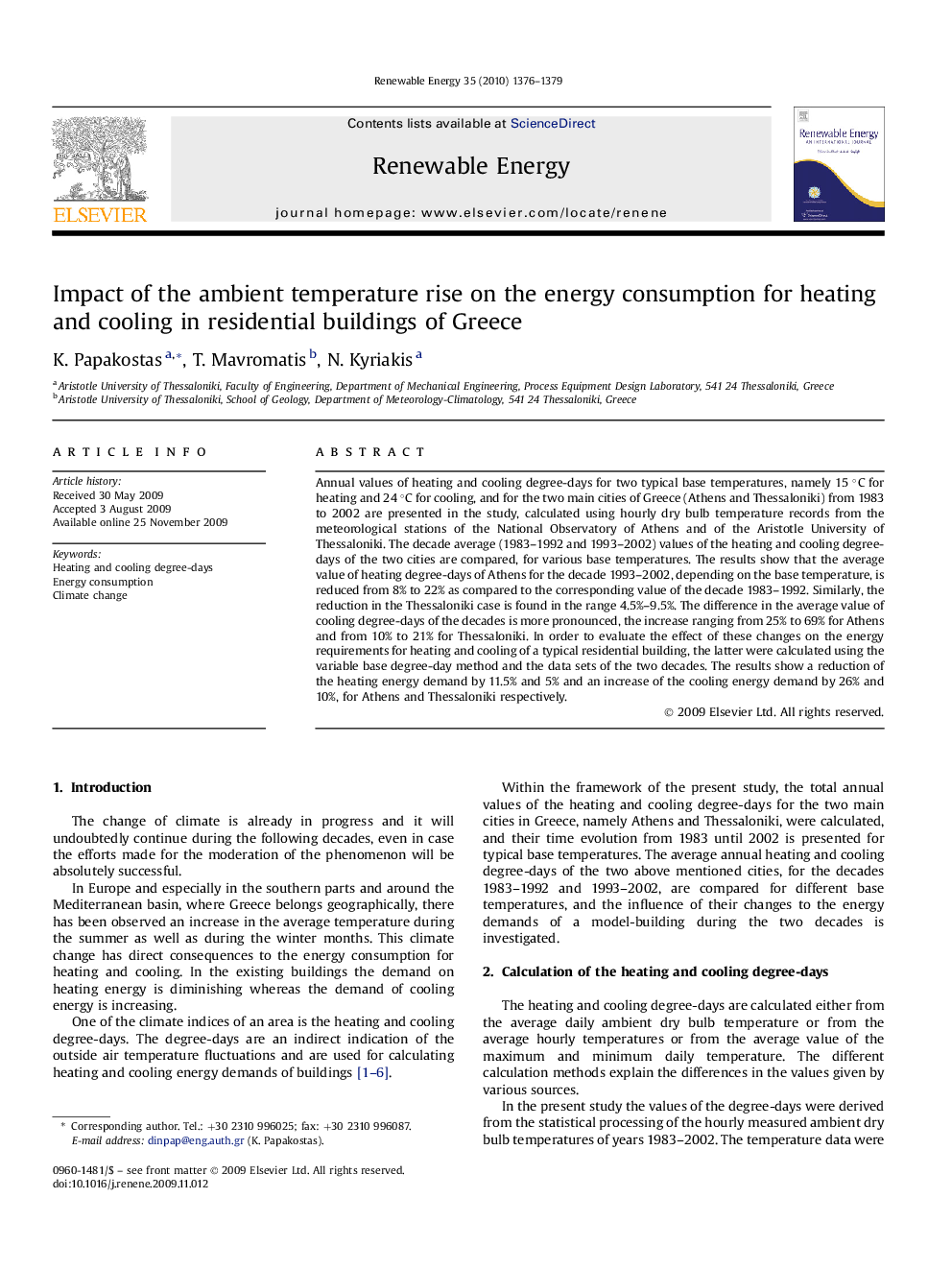 Impact of the ambient temperature rise on the energy consumption for heating and cooling in residential buildings of Greece