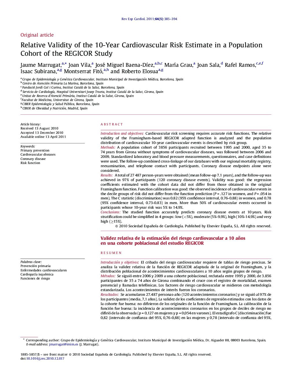 Relative Validity of the 10-Year Cardiovascular Risk Estimate in a Population Cohort of the REGICOR Study