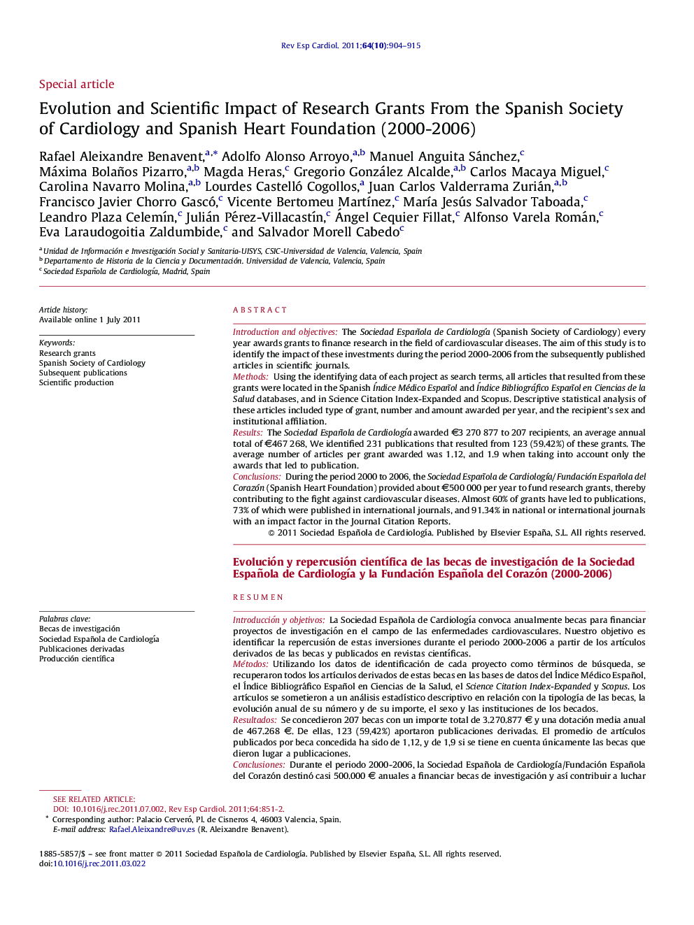 Evolution and Scientific Impact of Research Grants From the Spanish Society of Cardiology and Spanish Heart Foundation (2000-2006)
