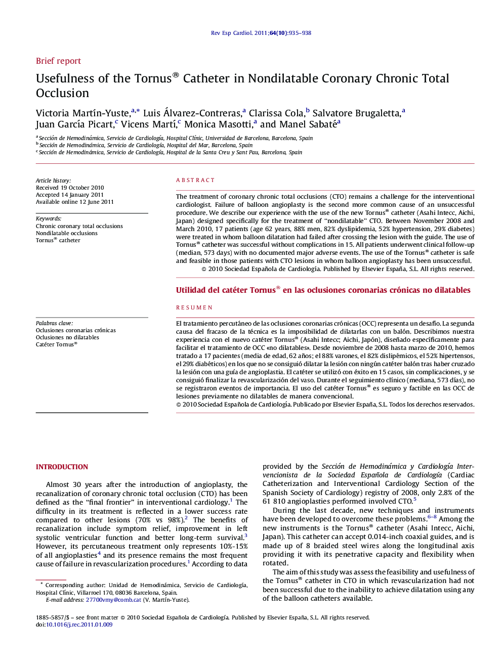 Usefulness of the Tornus® Catheter in Nondilatable Coronary Chronic Total Occlusion