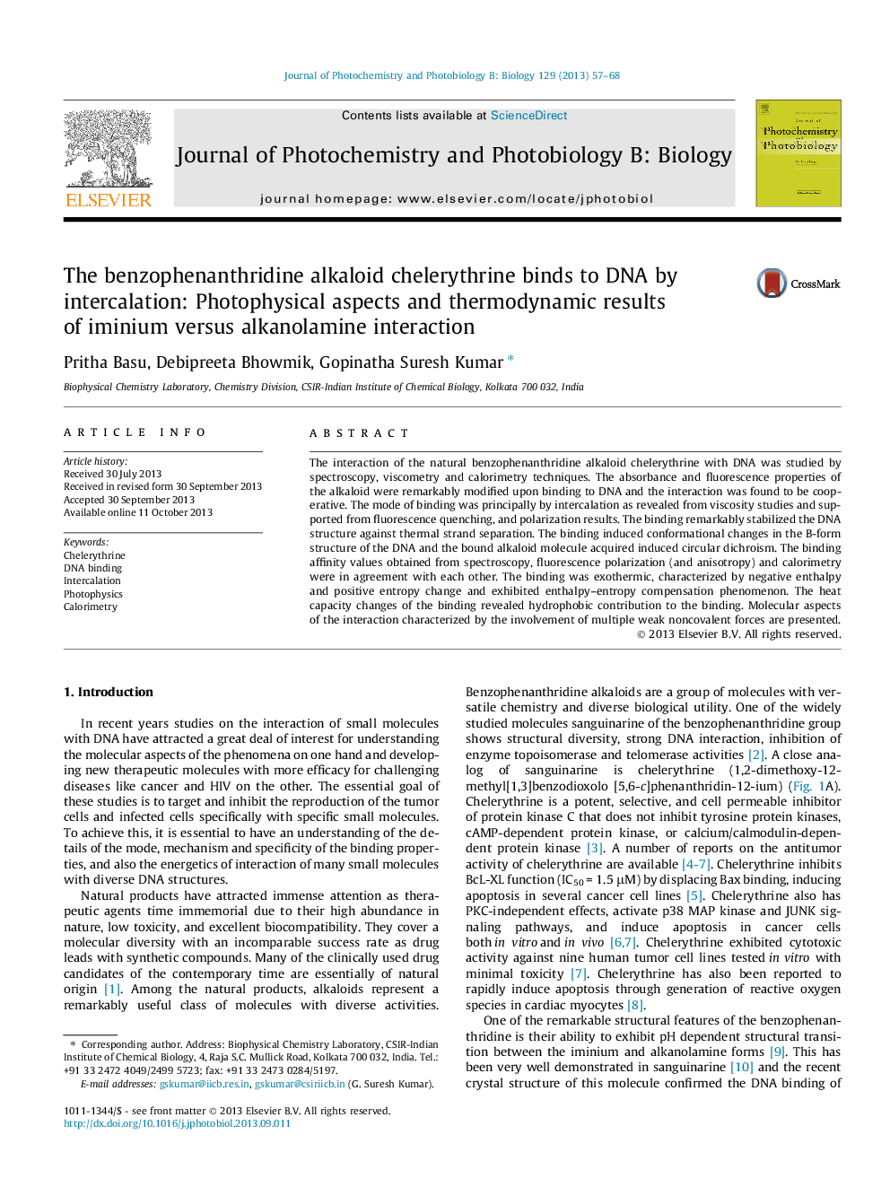 The benzophenanthridine alkaloid chelerythrine binds to DNA by intercalation: Photophysical aspects and thermodynamic results of iminium versus alkanolamine interaction