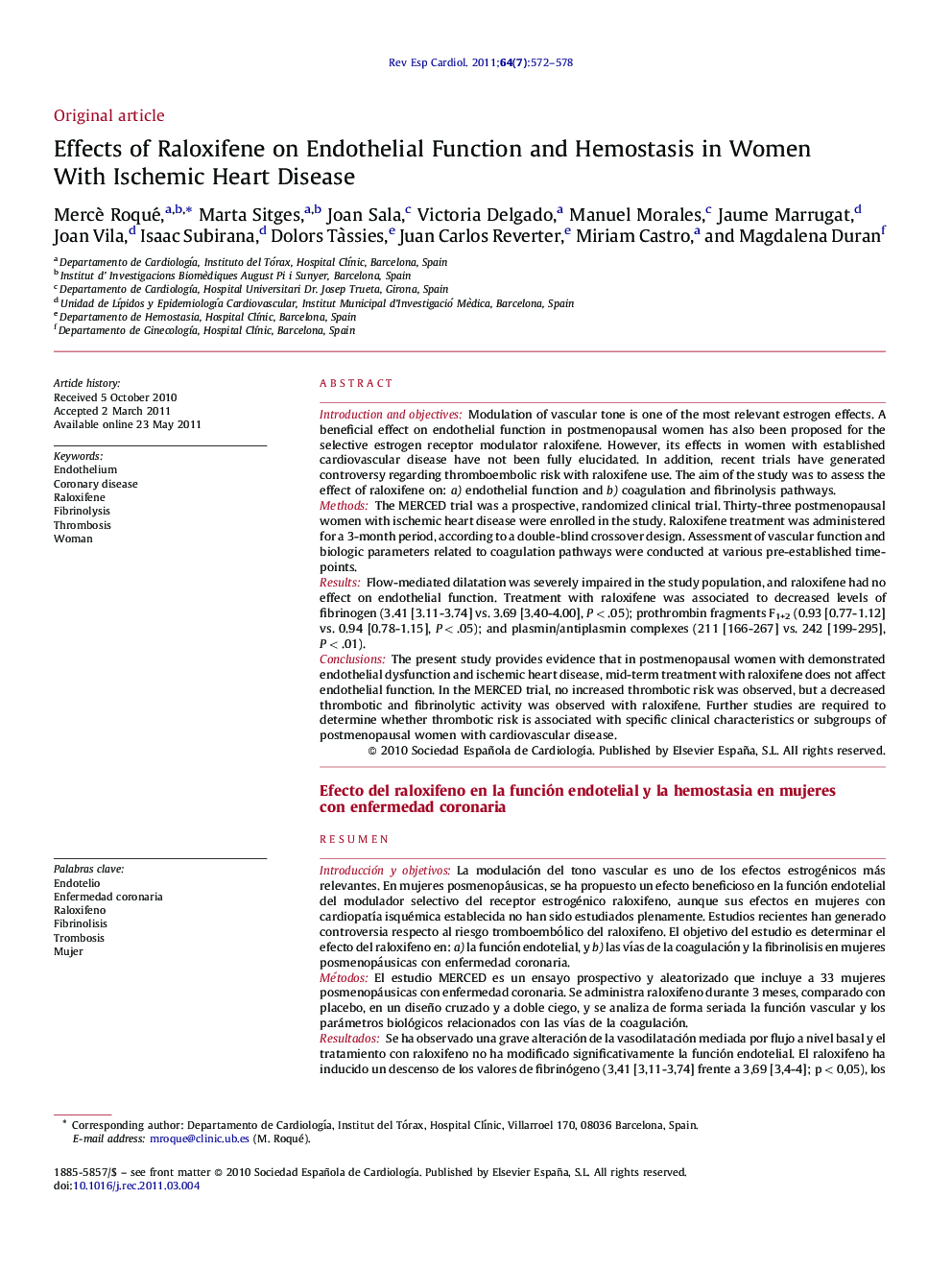 Effects of Raloxifene on Endothelial Function and Hemostasis in Women With Ischemic Heart Disease