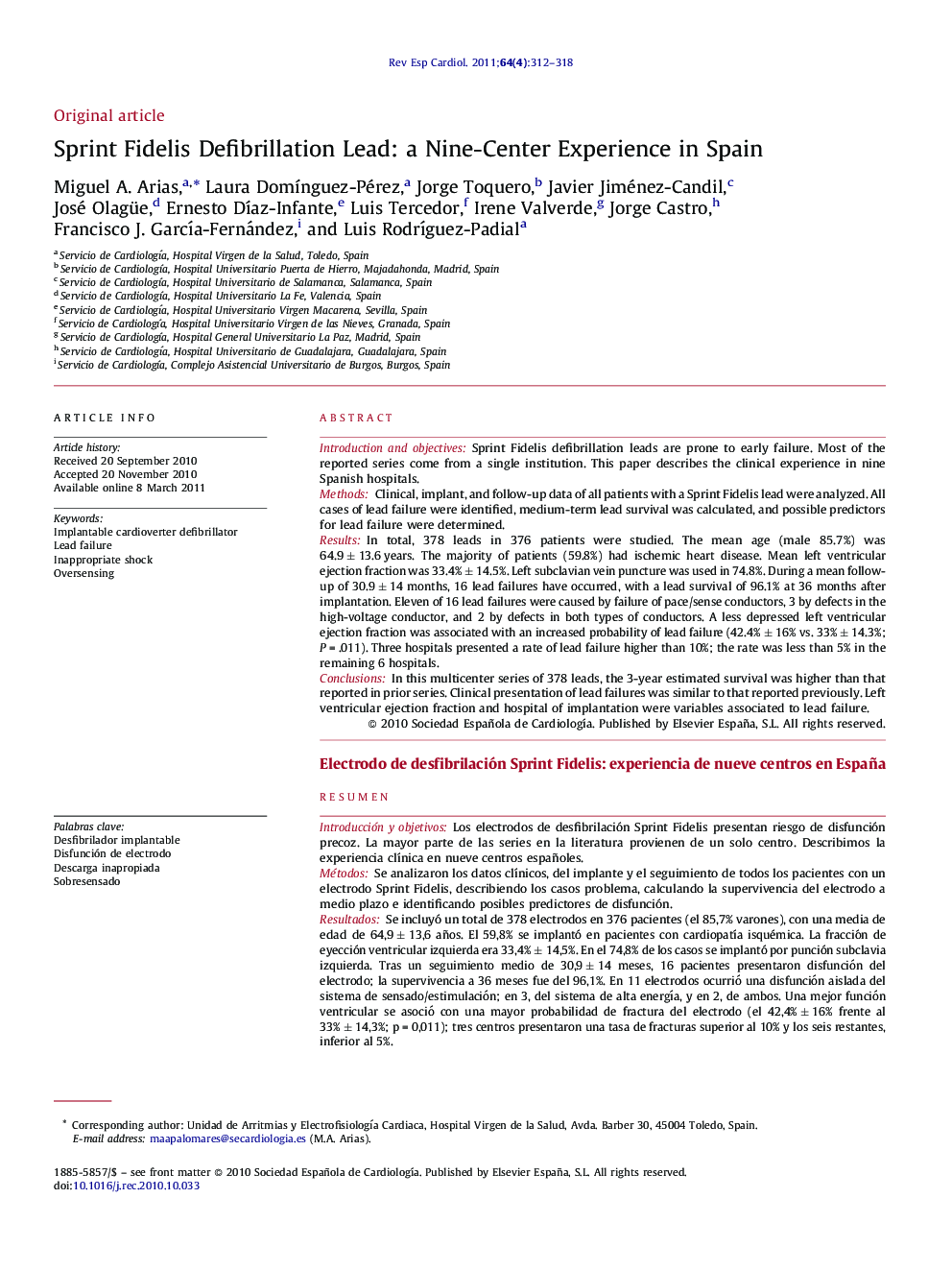 Sprint Fidelis Defibrillation Lead: a Nine-Center Experience in Spain