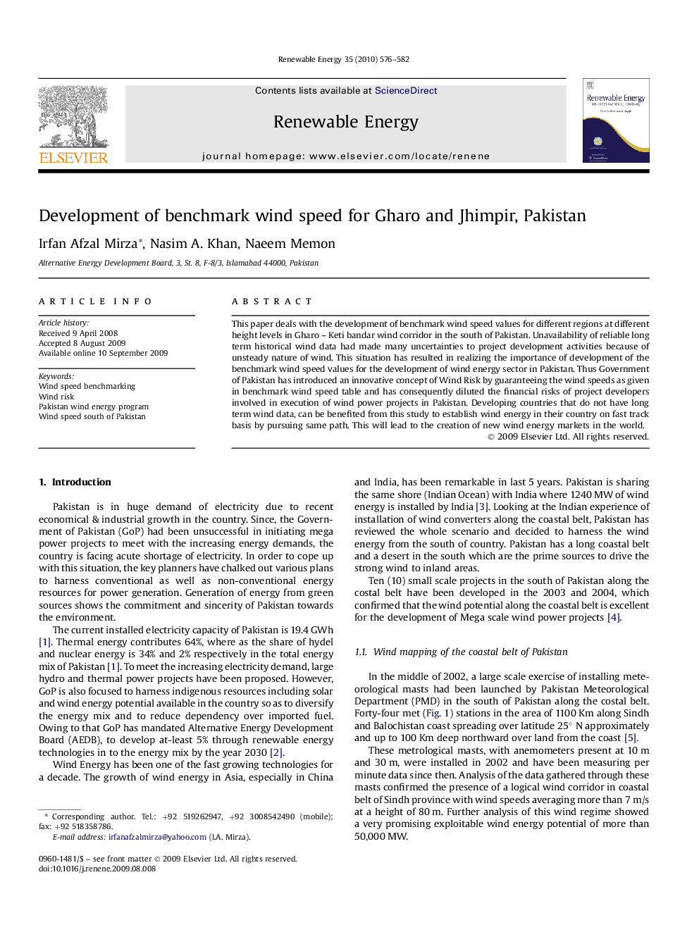 Development of benchmark wind speed for Gharo and Jhimpir, Pakistan