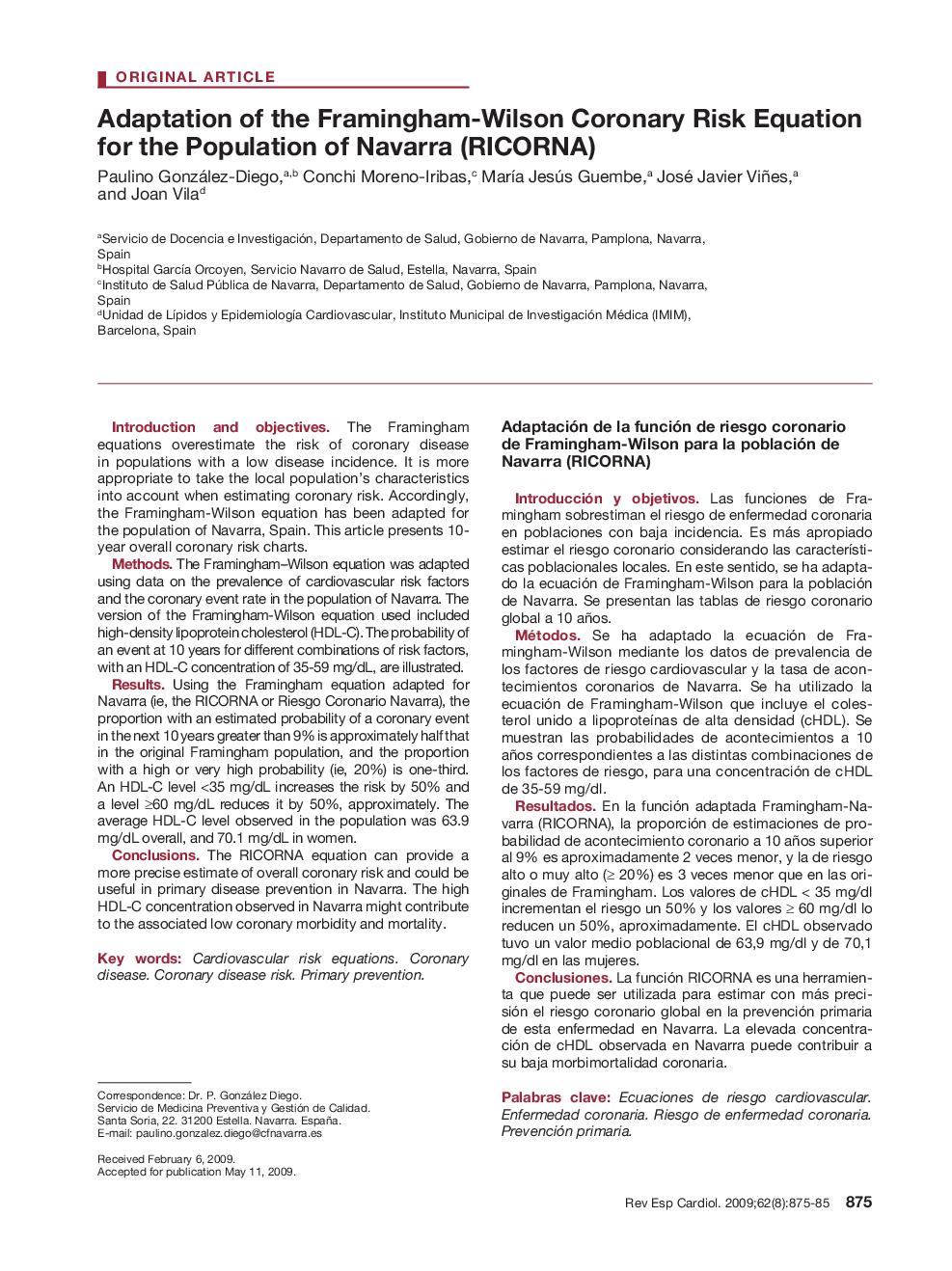 Adaptation of the Framingham-Wilson Coronary Risk Equation for the Population of Navarra (RICORNA)
