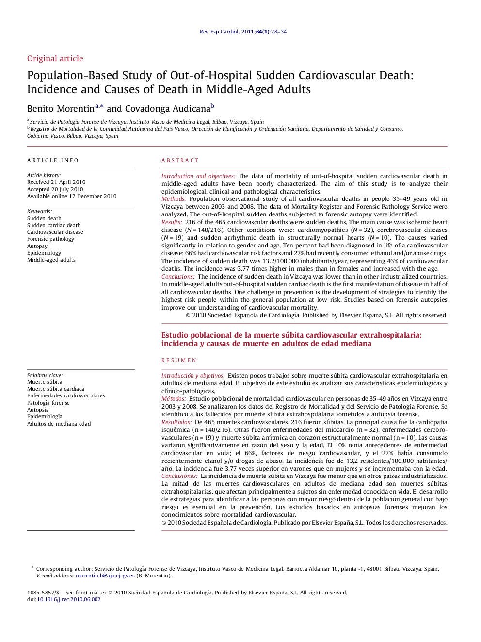 Population-Based Study of Out-of-Hospital Sudden Cardiovascular Death: Incidence and Causes of Death in Middle-Aged Adults