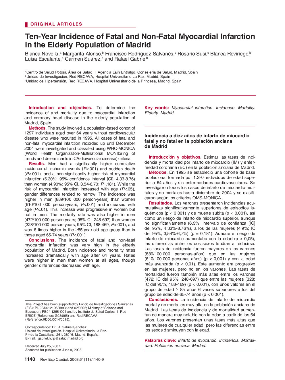 Ten-Year Incidence of Fatal and Non-Fatal Myocardial Infarction in the Elderly Population of Madrid 