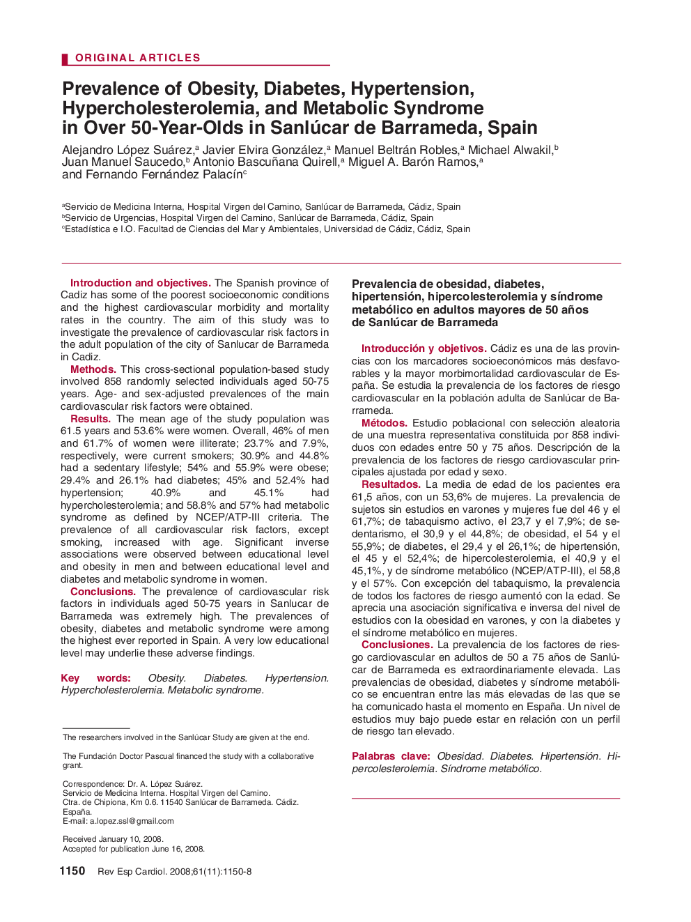 Prevalence of Obesity, Diabetes, Hypertension, Hypercholesterolemia, and Metabolic Syndrome in Over 50-Year-Olds in Sanlúcar de Barrameda, Spain 