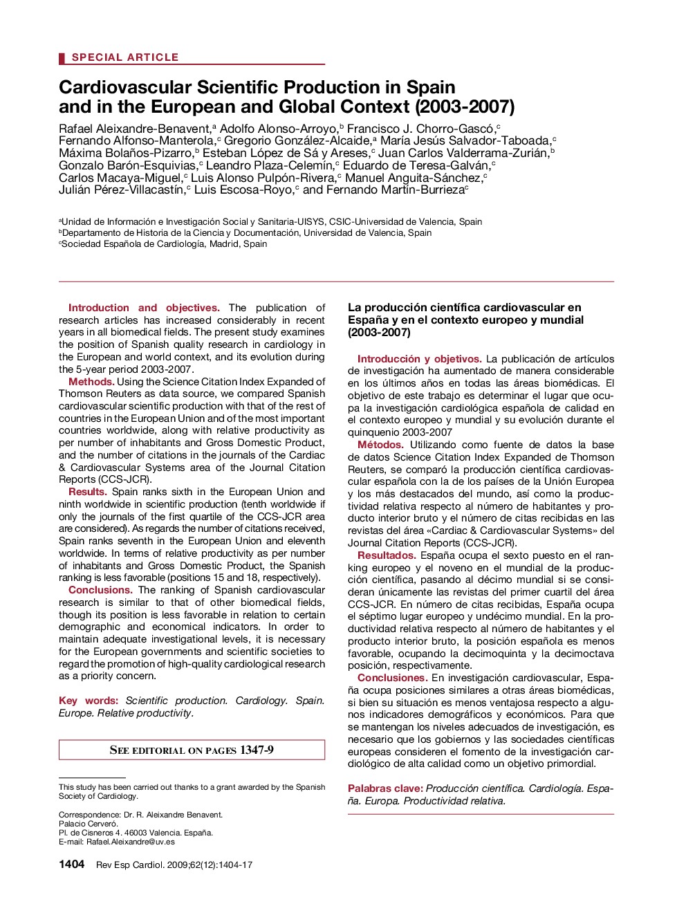 Cardiovascular Scientific Production in Spain and in the European and Global Context (2003-2007)