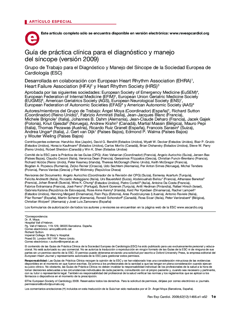 GuÃ­a de práctica clÃ­nica para el diagnóstico y manejo del sÃ­ncope (versión 2009)1