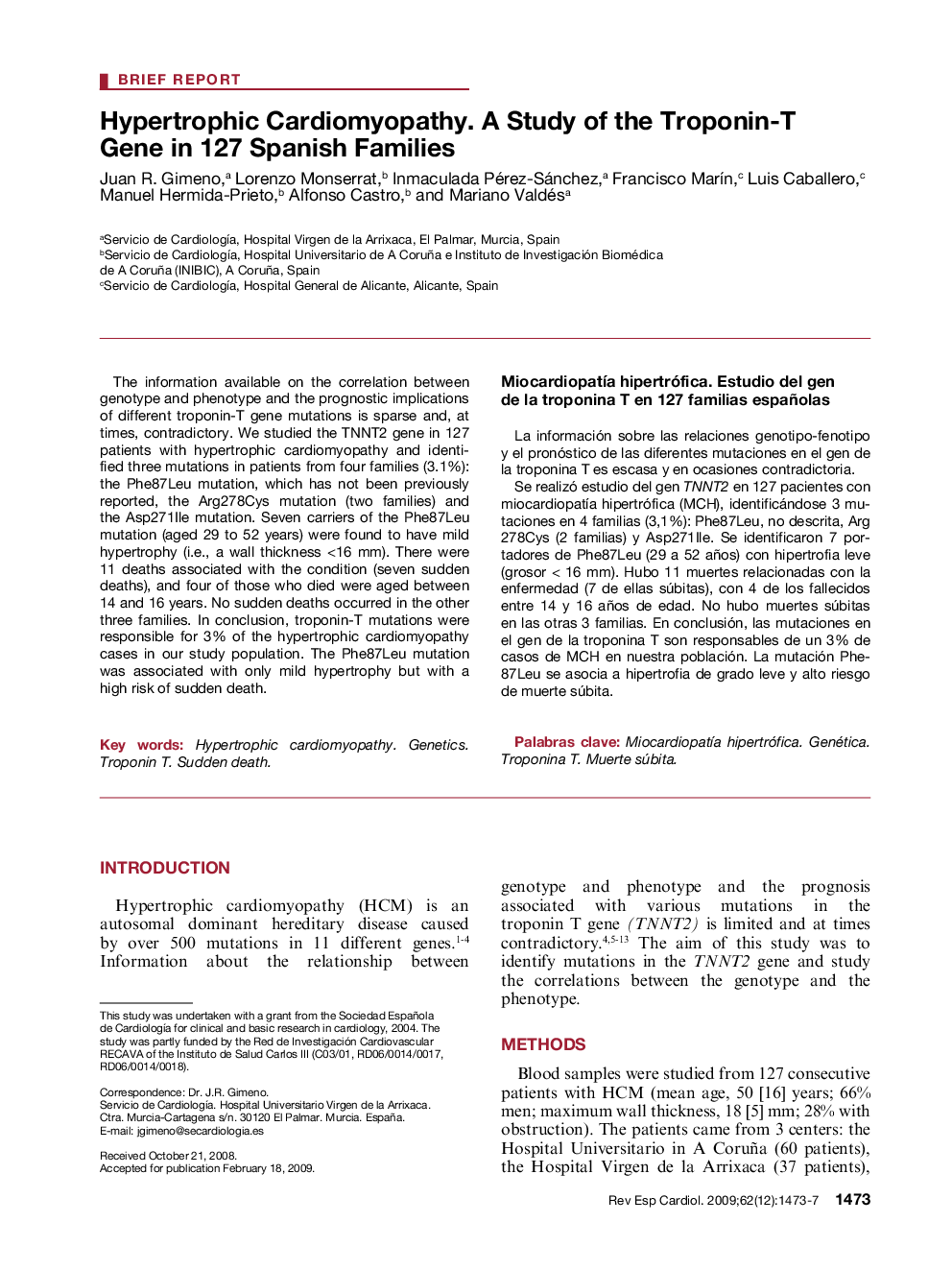 Hypertrophic Cardiomyopathy. A Study of the Troponin-T Gene in 127 Spanish Families