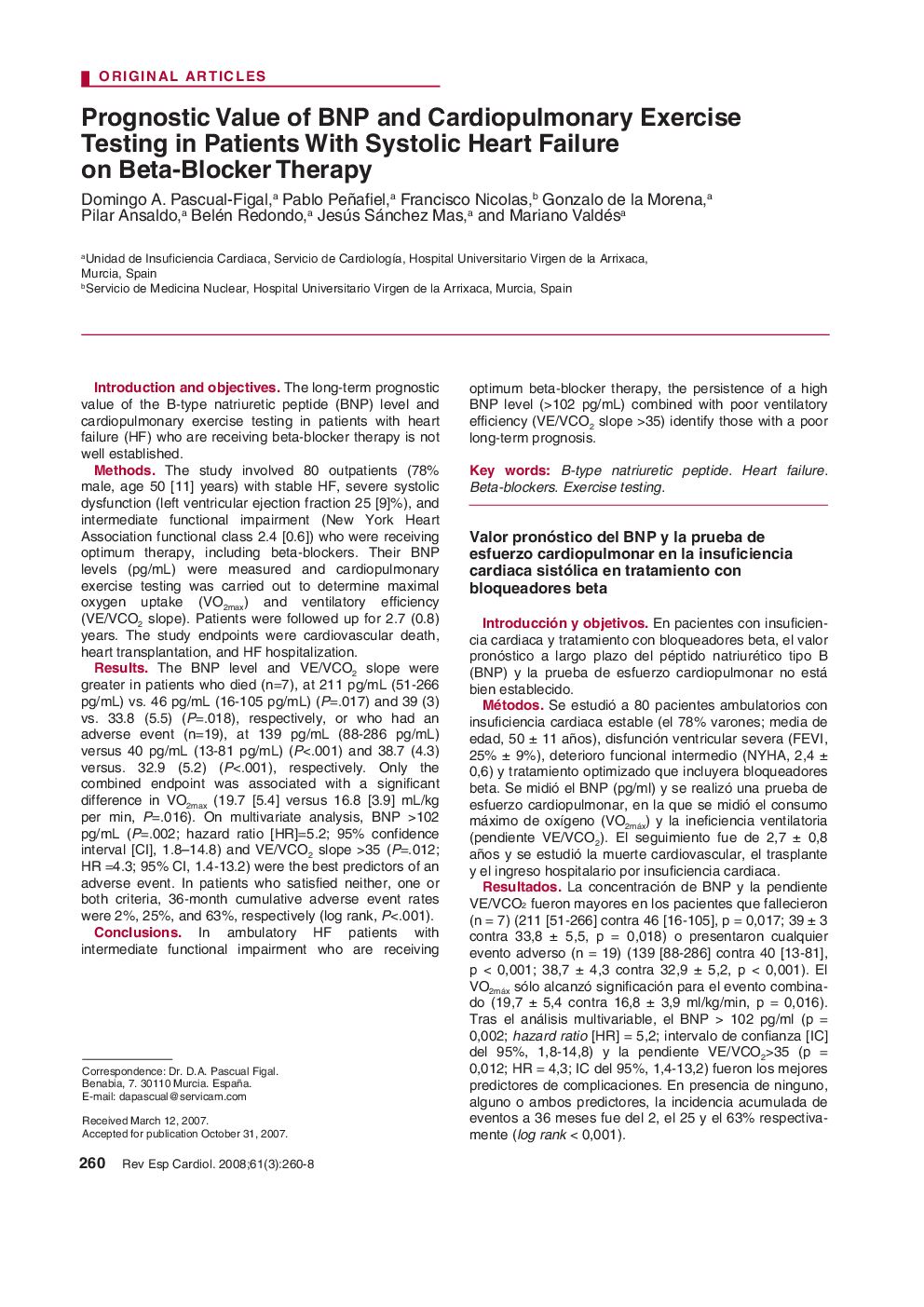 Prognostic Value of BNP and Cardiopulmonary Exercise Testing in Patients With Systolic Heart Failure on Beta-Blocker Therapy