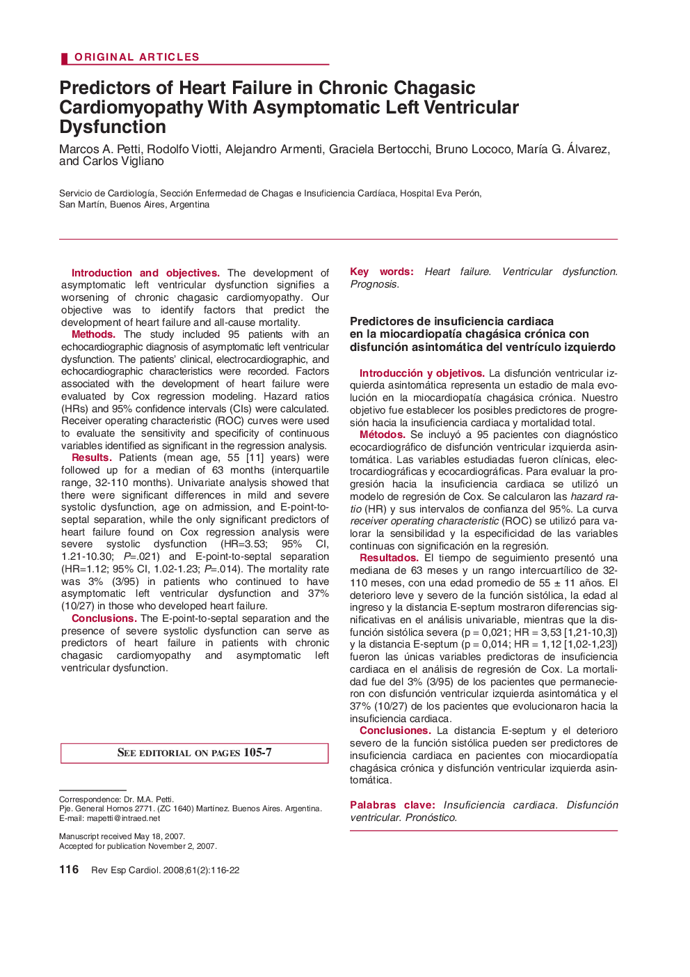 Predictors of Heart Failure in Chronic Chagasic Cardiomyopathy With Asymptomatic Left Ventricular Dysfunction