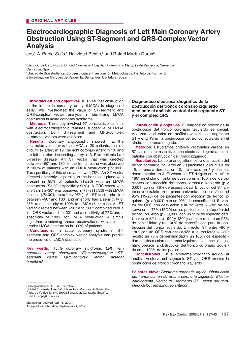 Electrocardiographic Diagnosis of Left Main Coronary Artery Obstruction Using ST-Segment and QRS-Complex Vector Analysis